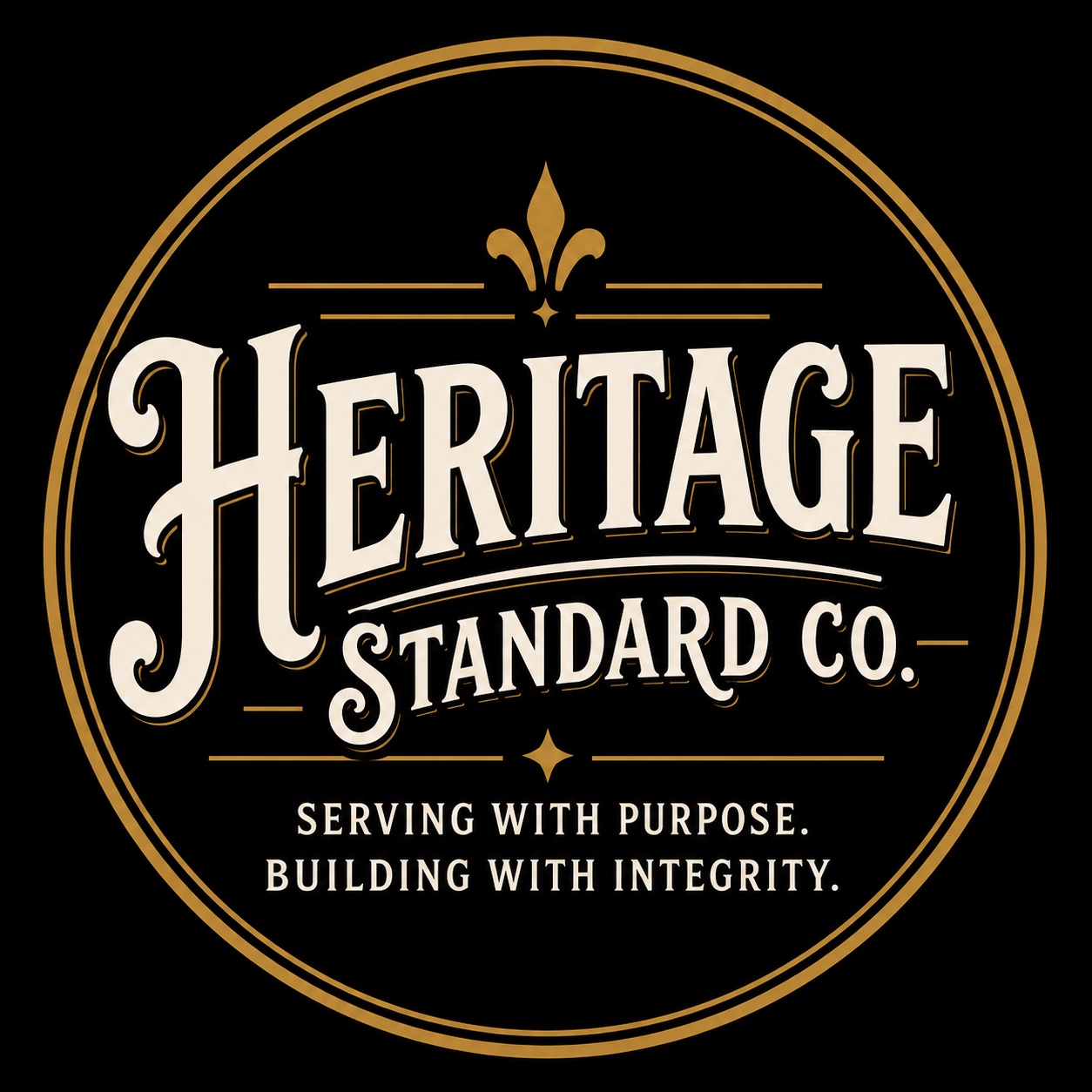 Heritage Standard Co. circular badge logo with gold ring, fleur-de-lis, and cream vintage lettering reading Heritage Standard Co. Serving with Purpose. Building with Integrity.