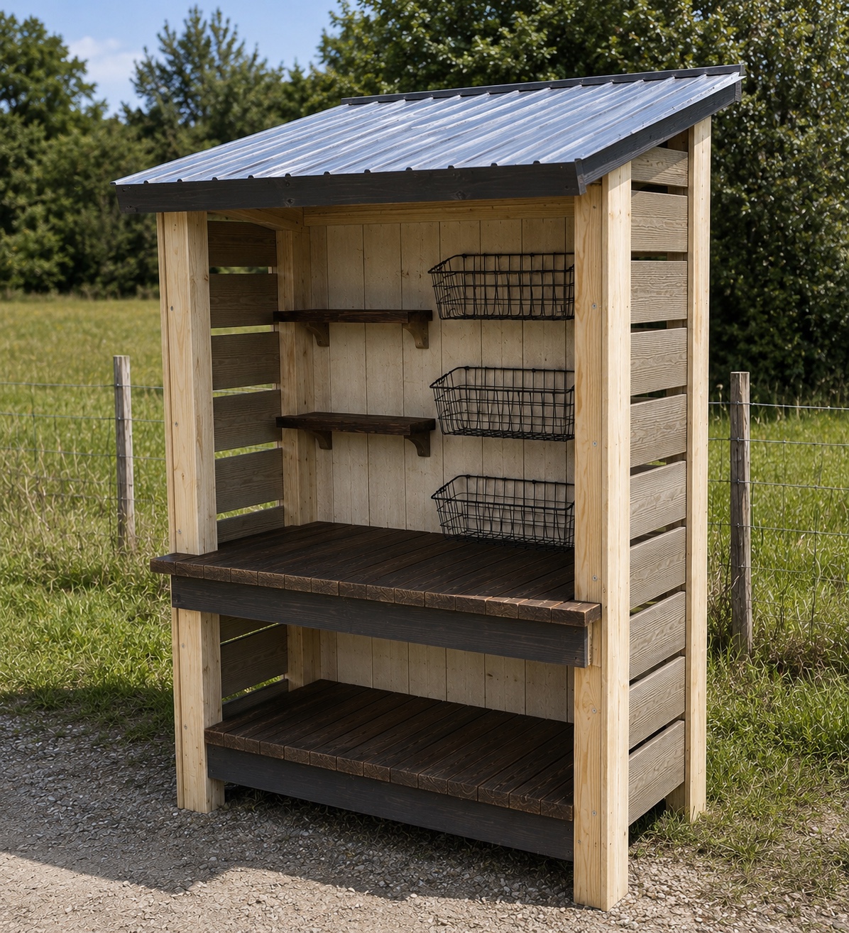 Wooden roadside farm stand with metal roof, wire baskets, and dark wood shelves standing in a field